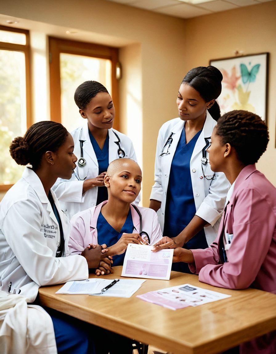 A comforting medical scene showcasing a diverse group of healthcare professionals discussing treatment options with a cancer patient. The environment should feel warm and supportive, featuring cancer awareness ribbons and advocacy pamphlets on a table. Soft lighting should enhance the atmosphere of hope and teamwork. Include symbols of resilience like flowers or uplifting quotes on the wall. super-realistic. warm color palette. soft focus.