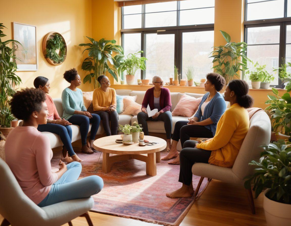 A diverse group of people gathered in a warm, inviting community space, sharing tools and resources for holistic cancer care, with plants and natural light enhancing the atmosphere. Include elements like wellness workshops, healthy food options, and supportive interactions among participants. Showcase a sense of unity, hope, and empowerment with soft, calming colors. super-realistic. vibrant colors. warm ambiance.