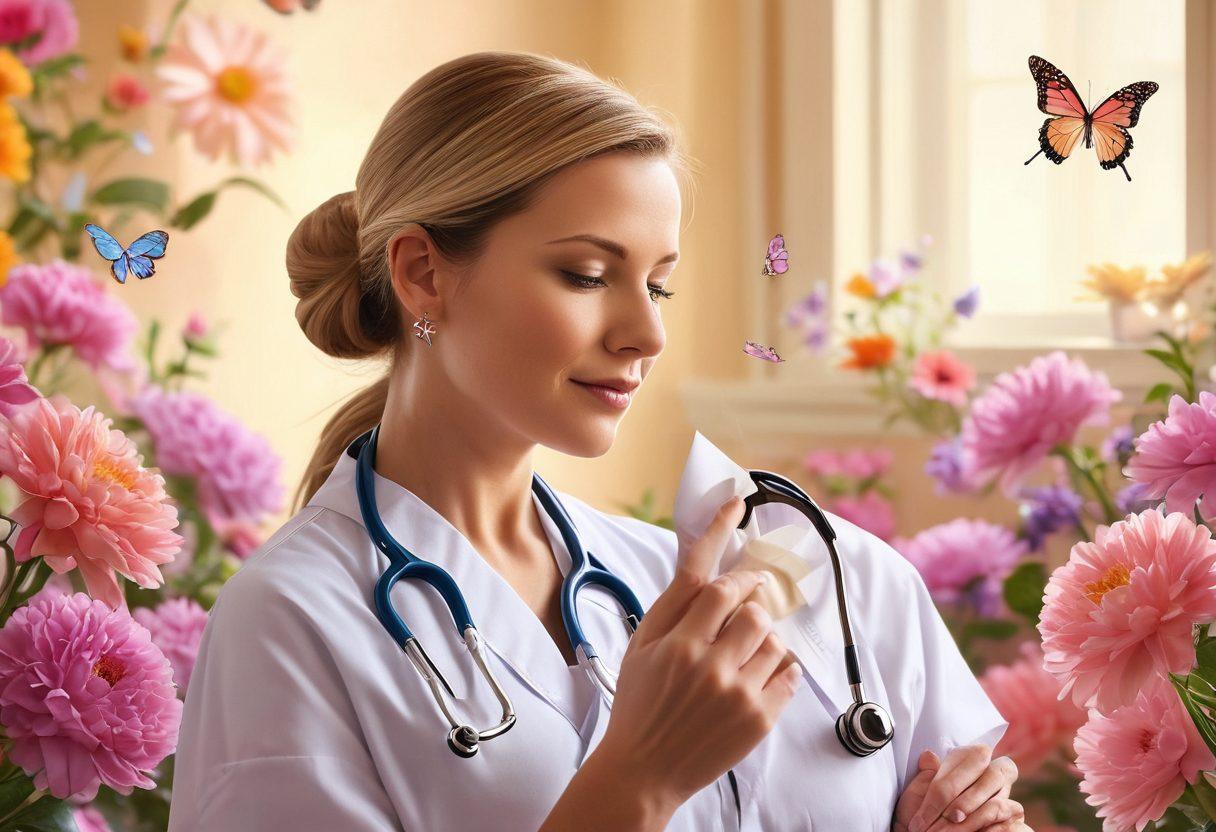 A compassionate healthcare professional gently supporting a cancer patient, surrounded by bright, uplifting symbols of hope like butterflies and blooming flowers. The background features soft, warm colors to evoke a sense of comfort, with subtle hints of medical elements like stethoscopes and nursing notes. This scene captures the essence of empowerment and support in cancer care. super-realistic. vibrant colors. warm tones.